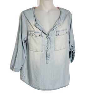 Skylar + Jade Womens Small Blouse Top Tencel Pullover Tab Sleeves Pockets Blue